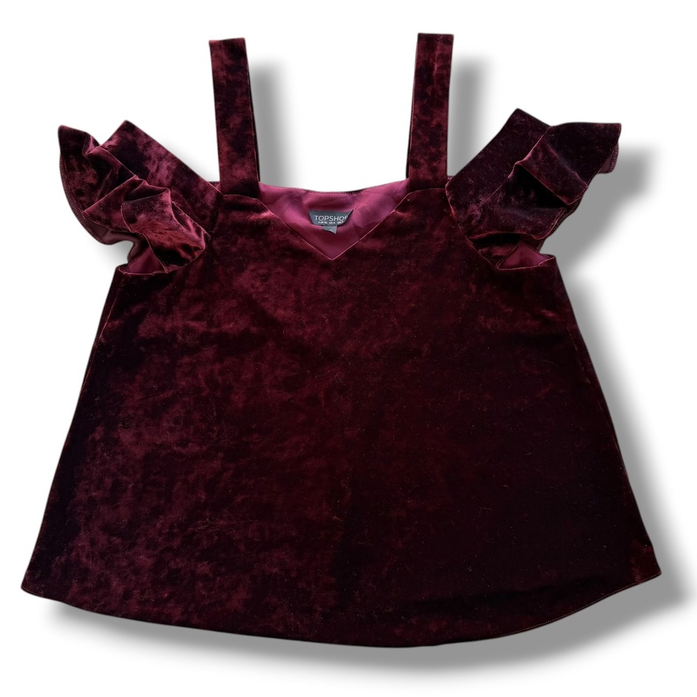 Topshop Women 4 Maroon Burgundy Crushed Velvet Coldshoulder Ruffle Top Vamp Goth